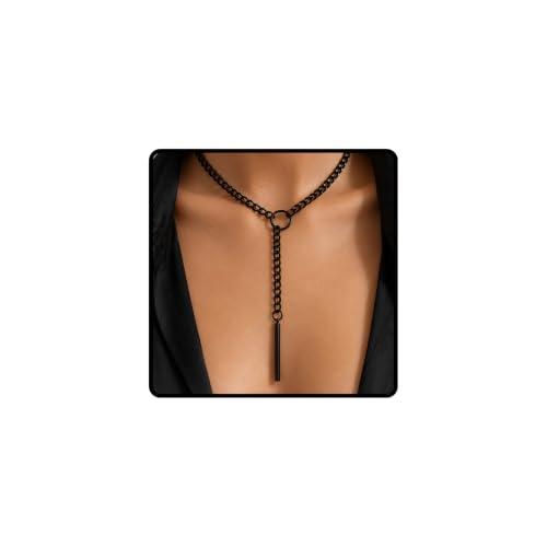 925 Sterling Silver Lariet Necklace, 14K Yellow Gold Long Y Necklace with Zircon Geometric Long Pendant Necklace for Women, Vintage Charm Silver Lariat Jewelry Accessories - color: Black - Lariat Necklace