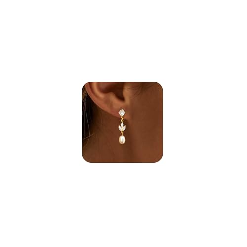 Pearl Earrings for Women Trendy, 14k Gold Plated Freshwater CZ Leaf Pearl Dangle Drop Gold Earrings Lightweight Hypoallergenic Stud Earring Bridesmaid Wedding Gold Jewelry for Women Gifts - style: gold pearl earrings
