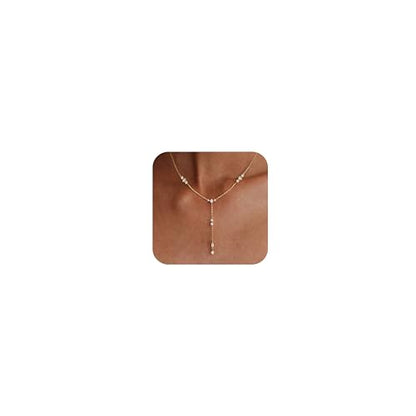 LuckFairy Lariat Necklace for Women，Dainty Gold Long Necklaces 14k Gold Plated CZ Lips Bead Y-Shaped Drop Chain Necklace Simple Gold Layered Necklaces for Women Trendy Gold Jewelry Gifts for Women - color: Gold-dainty long necklace