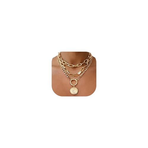 iF YOU Vintage Gold Layered Necklaces for Women Trendy, Chunky Cuban Link Paperclip Chains Necklace Stack, Coin Pendant Necklace Set Jewelry Gifts - style: Chunky gold coin paperclip