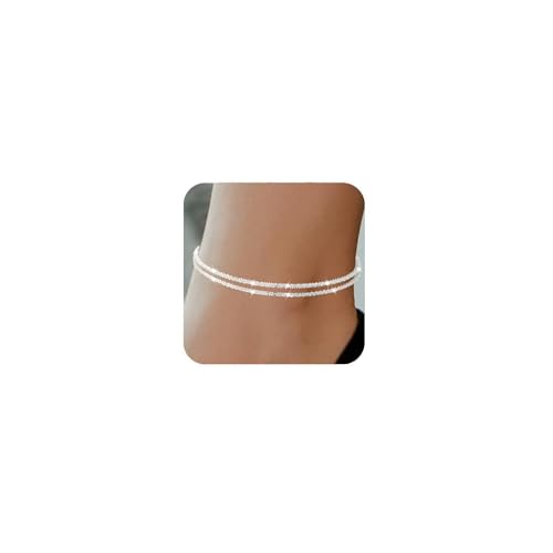 Nanafast Women's Ankle Bracelets, Sparkling Multi-layer Anklet Bracelets for Women, Adjustable Shiny Gold/Silver Anklets for Women, Beach Cute Anklets Jewelry for Summer - color: 2layersSilver