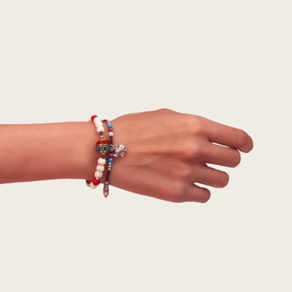 Petite Adjustable Boho Bracelet for Small Wrists 6-7.5 Inch - Handmade Nepalese Buddhist Prayer Bracelet with Elephant Charm, Brass Bell, Turquoise Stone & Tibetan Mantra Beads, Spiritual Lucky Gift - color: Silver-2Pcs