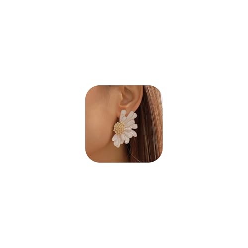 Gold Clip On Earrings for Women Trendy Non Piercing Flower Dangle Earrings Floral Earring 14K Gold Plated Lightweight Earrings for Non-Pierced Ears Fake Earrings Set - style: Daisy Flower