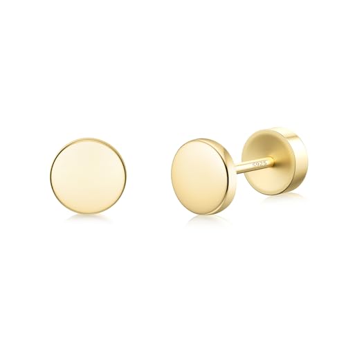 JIAYIQI Minimalist 925 Sterling Silver Stud Earrings Set, 14K Gold Plated Hypoallergenic Tiny Bar Dot Heart Star Studs for Women & Men - style: Gold-Dot-Flatback-1 Pair
