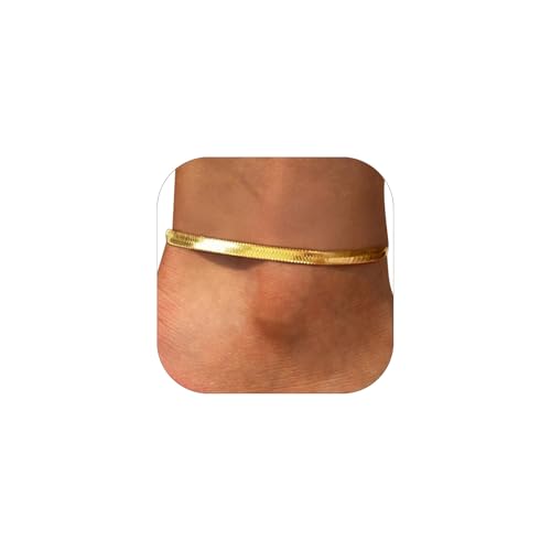 FOCALOOK 14K Gold Plated Anklets for Women Waterproof Plus Size Ankle Bracelet 8.5-10.5 Inch Adjustable Mariner/Figaro/Flat Snake/Cuban Link Chain Anklet Jewelry for Summer Beach Holiday - color: D:5mm Snake Chain-Gold