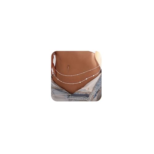 CAROVO Belly Waist Chain for Women 14K Gold Silver Plated Layered Body Chains Boho Cuban Figaro Pearl Heart Coin Satellite Bead Belly Chain Sexy Bikini Body Jewelry for Women Adjustable - style: B:Coin Bead SL