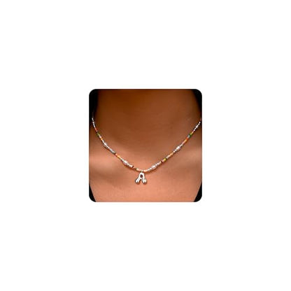 Ritach Initial Necklaces for Women Girls Kids - Light Colorful Beaded Pearl Initial Necklace Gold/Silver Bubble Pendant Letter Necklace for Women Teens Girls Kids Birthday Gifts - color: Silver, style: A.