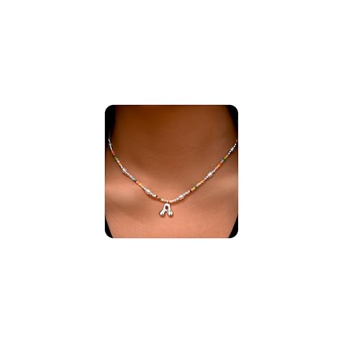 Ritach Initial Necklaces for Women Girls Kids - Light Colorful Beaded Pearl Initial Necklace Gold/Silver Bubble Pendant Letter Necklace for Women Teens Girls Kids Birthday Gifts - color: Silver, style: A.