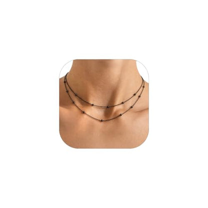 FOCALOOK Choker Necklace for Women, Double Layered Boho Beaded Choker Chain | Dainty 14K Gold Plated/Silver/Black Metal, Simple Small Satellite Beaded Chain Necklace, Hypoallergenic for Everyday Wear - color: 01.2-Layered Satellite Beads-Black