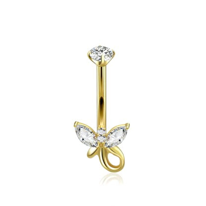 XUU Titanium Belly Button Rings 14G, Implant-Grade Navel Piercing, Luxury CZ Shape with Flower Butterfly, Hypoallergenic Curved Barbell Jewelry for Women, Gold or Silver - style: Butterfly Tail-Gold