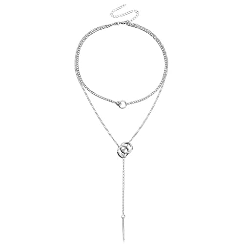 PLOUTOS Double Circle Layered Choker Lariat Necklace for Women Tassel Long Bar Pendant Adjustable Chain Y Shaped Collarbone Style Two Colors Silver Gold Alloy - color: Silver