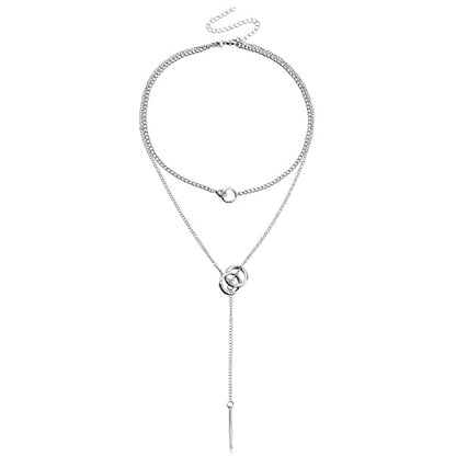PLOUTOS Double Circle Layered Choker Lariat Necklace for Women Tassel Long Bar Pendant Adjustable Chain Y Shaped Collarbone Style Two Colors Silver Gold Alloy - color: Silver