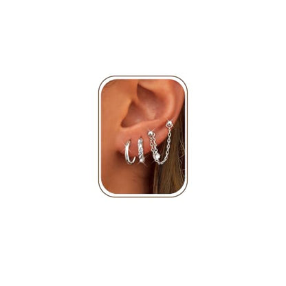 3 Pairs Dangle Hoop Chain Earrings Stacks for Women Trendy Huggie Earring | Non-Tarnish 5A CZ Stones Hoops Earrings Set for Multiple Piercing - style: Silver Plated-Twist