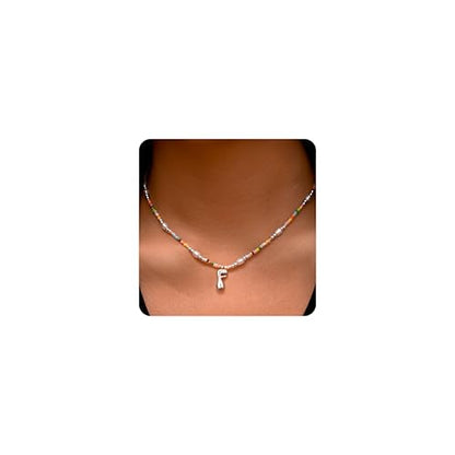 Ritach Initial Necklaces for Women Girls Kids - Light Colorful Beaded Pearl Initial Necklace Gold/Silver Bubble Pendant Letter Necklace for Women Teens Girls Kids Birthday Gifts - color: Silver, style: F