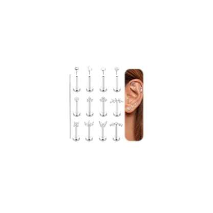Fansilver 14K Gold Plated Threadless Flat Back Earrings for Women Men 316L Surgical Steel Push in Nose Piercings Lip Rings CZ Nostril Helix Conch Medusa Tragus Piercing Jewelry 16/18/20G - color: Silver Plated, size: 18G:6mm