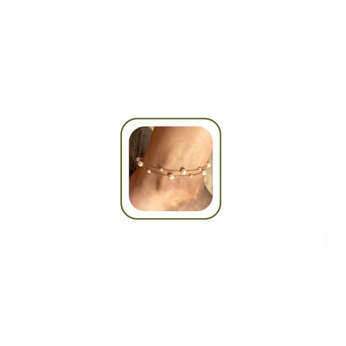 Waterproof Pearl Anklet 18K Gold Plated Stainless Steel Ankle Bracelets for Women Double Layered Pearls Chain Summer Beach Foot Jewelry 8.5+2 inches