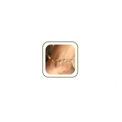 Waterproof Pearl Anklet 18K Gold Plated Stainless Steel Ankle Bracelets for Women Double Layered Pearls Chain Summer Beach Foot Jewelry 8.5+2 inches