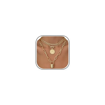 iF YOU Vintage Gold Layered Necklaces for Women Trendy, Chunky Cuban Link Paperclip Chains Necklace Stack, Coin Pendant Necklace Set Jewelry Gifts - style: 3-layer lock necklace
