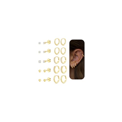 Turandoss 10 Pairs Gold Hoop Earrings for Women | 14K Gold Plated Stud Hoop Earrings, Flat Back, Cartilage Earring Stacks, Multiple Piercing, Hypoallergenic - color: 14K Gold Plated