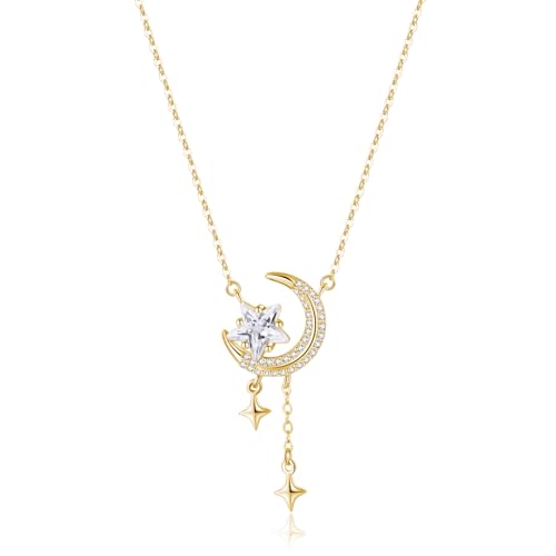 Reffeer Solid 925 Sterling Silver Moon Star Necklace for Women Teen Girls CZ Moon Choker Necklace Dainty Star Pendant Necklace - color: B-Yellow