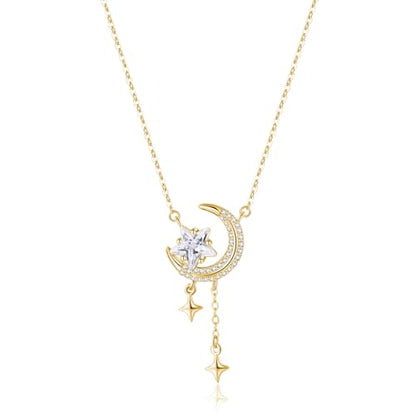 Reffeer Solid 925 Sterling Silver Moon Star Necklace for Women Teen Girls CZ Moon Choker Necklace Dainty Star Pendant Necklace - color: B-Yellow