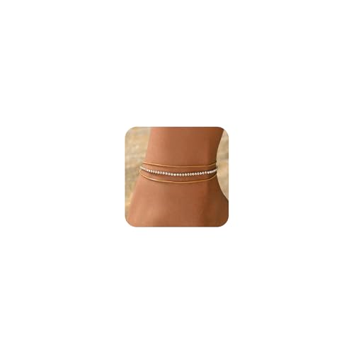 Anklets for Women, 18K Gold Plated Dainty Ankle Bracelets with Tennis, Pearl, Daisy, Lip, Snake Chain, Layered CZ Anklet Waterproof, Adjustable Boho Summer Beach Foot Jewelry - style: 3 Layer Snake Chain