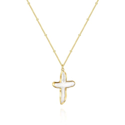 Zeffy 14K Gold/Silver Plated Chunky Thick Chain Toggle Clasp Necklace Dainty Baroque Pearl/Heart/Cross/Turquoise Pendant Necklace - color: Gold Baroque Pearl Cross Necklace