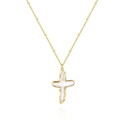 Zeffy 14K Gold/Silver Plated Chunky Thick Chain Toggle Clasp Necklace Dainty Baroque Pearl/Heart/Cross/Turquoise Pendant Necklace - color: Gold Baroque Pearl Cross Necklace