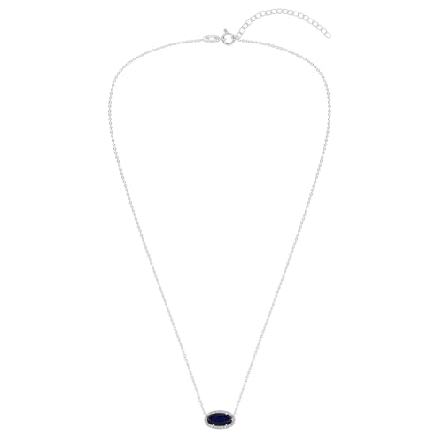 Belacqua Gemstone Necklace in Sterling Silver,Halo Pendant with Accent, Oval Cut 6 * 12mm, 15" Cable Chain with 2" Extender, Spring Ring Clasp, Dainty Birthstone Necklace for Women, Gift Box Included - color: 09-September-Bermuda Sapphire Blue