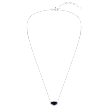 Belacqua Gemstone Necklace in Sterling Silver,Halo Pendant with Accent, Oval Cut 6 * 12mm, 15" Cable Chain with 2" Extender, Spring Ring Clasp, Dainty Birthstone Necklace for Women, Gift Box Included - color: 09-September-Bermuda Sapphire Blue