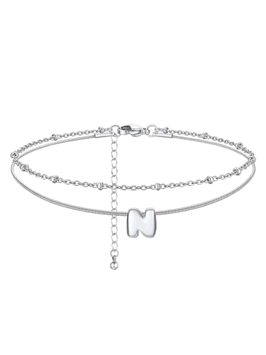 ChainsHouse Initial Ankle Bracelets for Women Waterproof, 14K Gold Plated Layered Initial Anklets Non Tarnish, Adjustable Stainless Steel Women's Ankle Summer Beach Foot Jewelry - color: Stainless Steel, size: Initial N