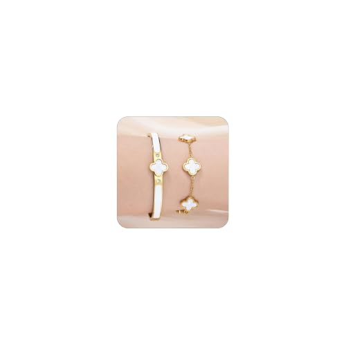 Gold Clover Bangle Bracelets for Women Men 2pcs Bracelet Stack | 18K Gold Plated Stainless Steel Non Tarnish,Chunky Black and White Jewelry,Four Leaf Clover Bracelet Bangles gifts for women - color: Gold-White Set
