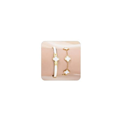 Gold Clover Bangle Bracelets for Women Men 2pcs Bracelet Stack | 18K Gold Plated Stainless Steel Non Tarnish,Chunky Black and White Jewelry,Four Leaf Clover Bracelet Bangles gifts for women - color: Gold-White Set