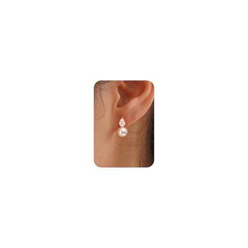Plenky Pearl Earrings-14K Gold Plated Dainty Pearl Drop Simple Wedding CZ Dangle Dangling Cute Stud Earrings for Brides Earrings for Women Gifts - style: CZ Teardrop Pearl Earrings