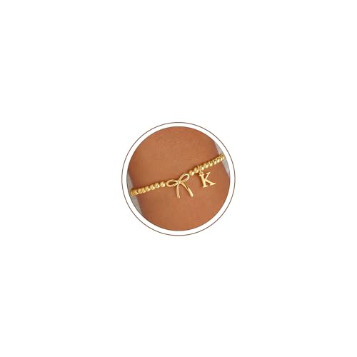 M MOOHAM Bow Initial Bracelets for Women Girls, Letter A-Z Beaded Bracelet | 14K Gold Plated, Bow Bracelets for Girls, Gold Bracelet, Beaded Initial Bracelet, Birthday Gift for Teen Girl Jewelry - color: K