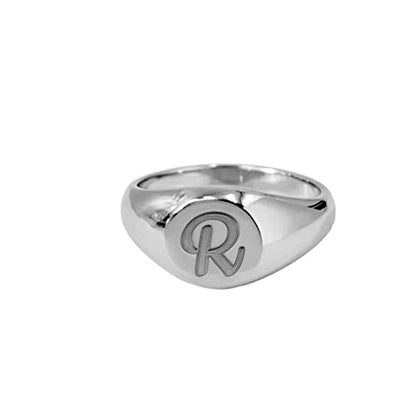 Personalized Script Letter Signet Ring 925 Sterling Silver Custom Initial Engraved Chevalier Ring - color: Silver