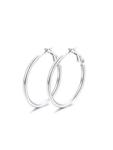 FindChic Thin Hoop Earrings for Women,Silver/Black/Gold Plated 20-100mm - color: Silver, size: 30mm