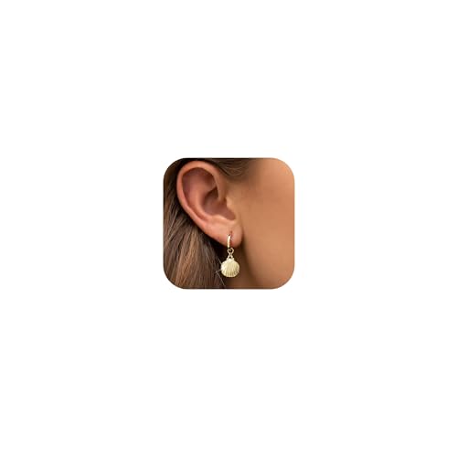 FIBO STEEL 14K Gold Plated Hoop Earrings with Charms for Women Huggie Hoops | Hypoallergenic 925 Sterling Silver Post Dangle Earrings Small Silver Gold Hoops Earring Cubic Zirconia Dangle Drop Jewelry - color: Shell - 14K Gold Plated