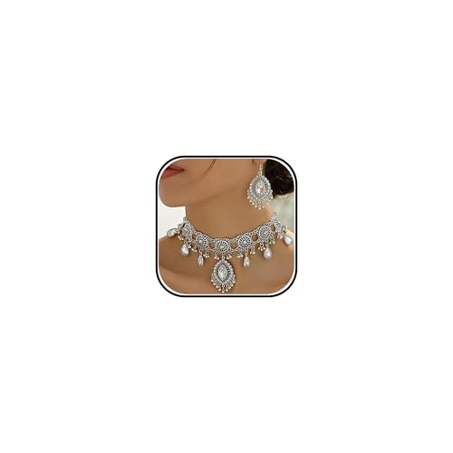 Frodete Indian Jewelry Sets for Women Traditional Bohemian Wedding Jewelry Set Indian Dresses for Women Oxidized Ethnic Party Prom Wear - color: D1: SILVER WHITE