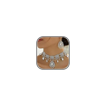 Frodete Indian Jewelry Sets for Women Traditional Bohemian Wedding Jewelry Set Indian Dresses for Women Oxidized Ethnic Party Prom Wear - color: D1: SILVER WHITE