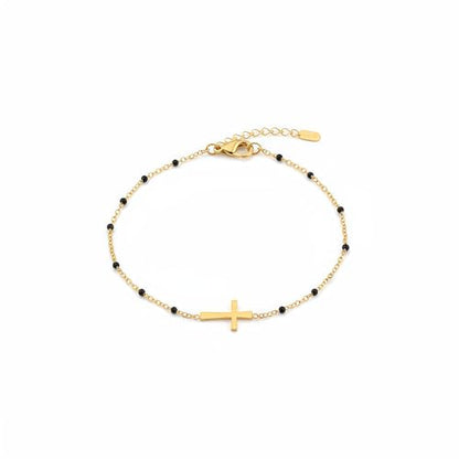 18K Gold Plated Pearl Beaded Cross Bracelets for Women Adjustable Stainless Steel Dainty Thin Gold Box Cuban Twisted Link Chain Bracelet Bridesmaid Jewelry Gifts - color: Black Cross-Gold