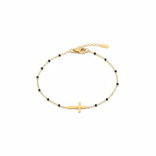 18K Gold Plated Pearl Beaded Cross Bracelets for Women Adjustable | Stainless Steel Dainty Thin Gold Box Cuban Twisted Link Chain Bracelet Bridesmaid Jewelry Gifts for Birthday, Anniversary - color: Black Cross-Gold