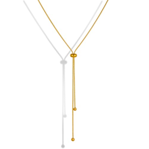 Lariat Necklace for Women Dainty Gold Long Necklace 14k Gold Plated Adjustable Y-Shaped Pendant Necklace Sliding Lariat Chain Minimalist Layered Statement Jewelry - color: Gold-A