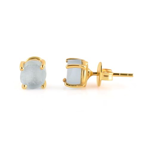 Raw Gold Stud Earrings For Women Natural Gemstone Dainty Pair 14K Gold Plated Flat Back Earrings, Prong Setting Handmade Hypoallergenic Minimalist Jewelry Gifts For Mom, Birthstone Energy Crystals