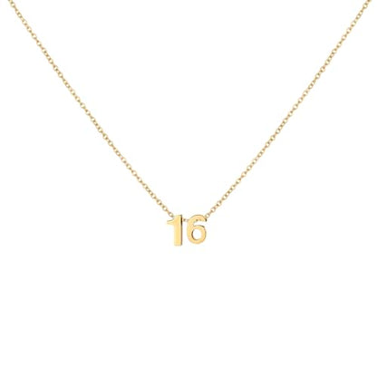 Number Necklace for Women Dainty 18K Gold Plated Pendant Necklace Charm Birth Month Personalized Jewelry Birthday Gift - color: GOLD, style: Number 16