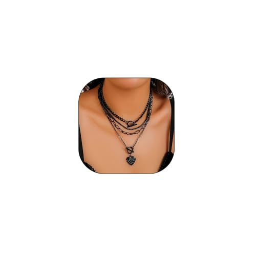 4Pcs Layered Black Pendant Necklaces Set,Fashion Circle Coin Ot Buckle Choker Heart Paperclip Chain Clavicle Necklace Long Beads Link Collar Necklace