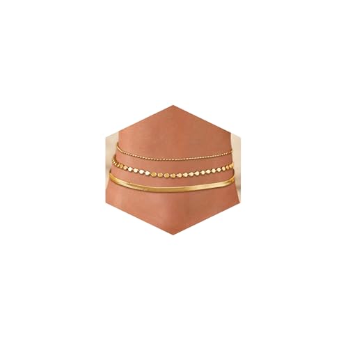 Risamil 14K Gold Plated Ankle Bracelets for Women, Anklets for Women Waterproof Layered Ankle Bracelets for Women Teen Girl Herringbone Anklet Set Summer Foot Jewelry Gifts - color: 3PCS-07