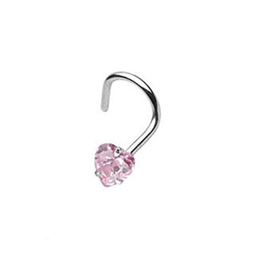 BodyJewelryOnline 316L Surgical Steel 18G Screw Nose Stud Ring Prong Set 3mm Heart Shaped CZ Nose Screw Nostril Piercing Jewelry 1/4 Inch (6mm) - color: Pink