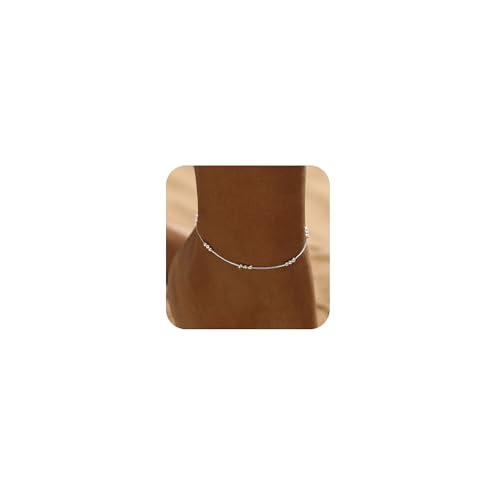 Gold/Silver Ankle Bracelets for Women Waterproof Dainty 14K Gold Plated Pearl Heart Love Anklet Bracelet Satellite Cuban Link Beads Summer Beach Jewelry Gifts - style: 3-Bead-silver-140