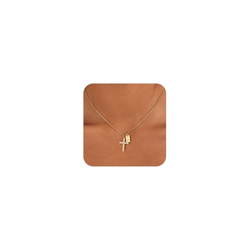 Cross Initial Necklace for Women Non Tarnish 18K Gold Plated Initial Letter A-Z Pendant Necklaces with Cubic Zirconia Cross Christian Faith Necklace Jewelry Gifts for Women - color: F